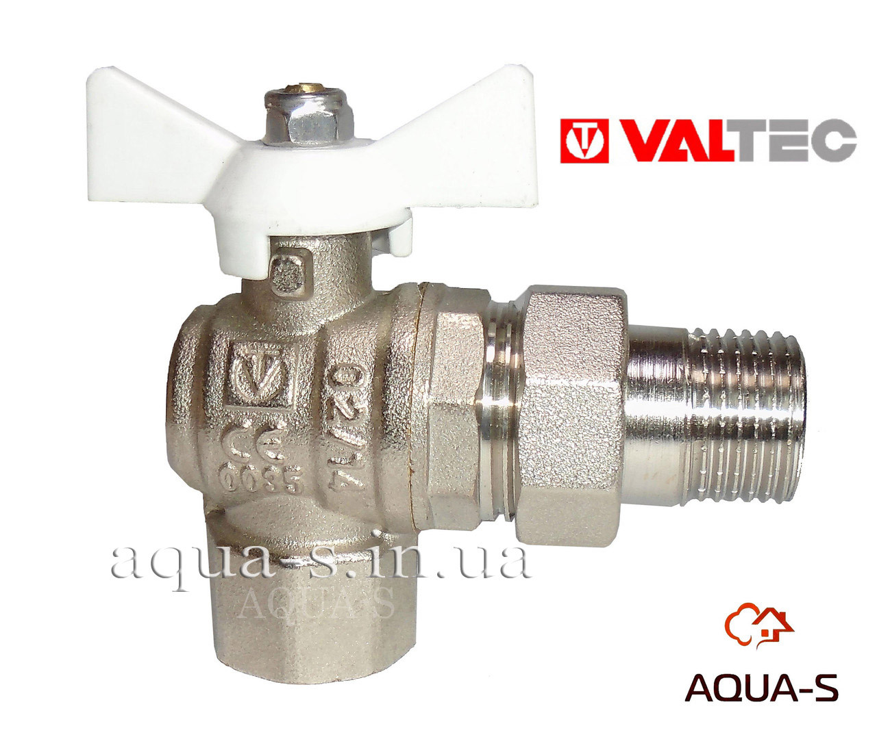 Кран шаровой с американкой Valtec BASE DN 3/4" (PN 40) угловой с белой ручкой (Италия) VT.228.NW.05 - фото 2 - id-p1892133121