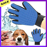 Чорно-синя рукавичка для вичісування домашніх тварин rue Touch, Тру Тач, Pet Glove, гумова накладка