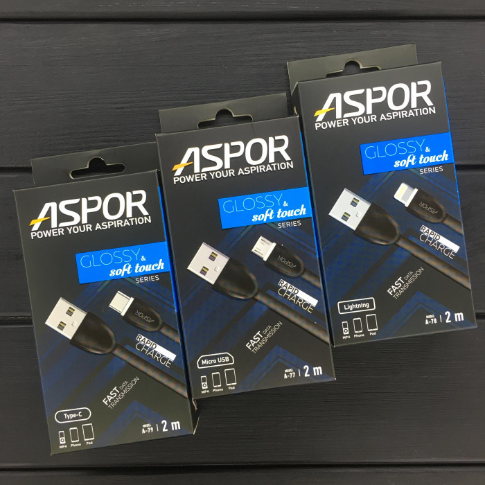 USB кабель Aspor A78 глянсовий Lightning (2A/2м)- чорний