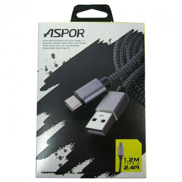 USB кабель Aspor A133 Type-C Nylon 2.4A/1.2м- чорний