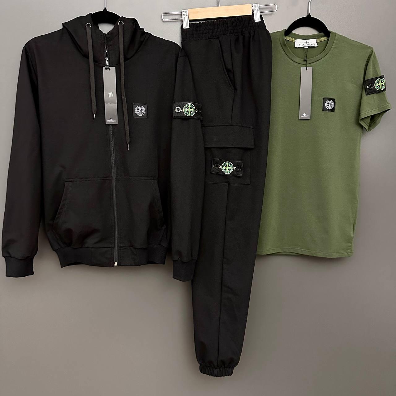Спортивний костюм Stone Island футболка весняний осінній чорно-хакі комплект чоловічий стон айленд