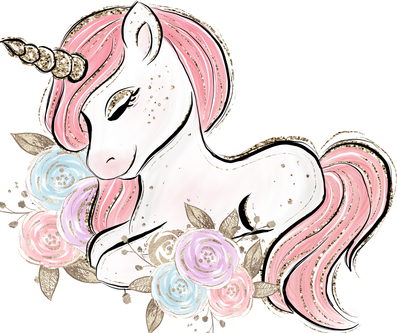 Наклейка для ростової фігури "Ніжний єдиноріг сидить. Квіти" 80х67см / інтер'єрна наклейка (без обрізу по контуру)