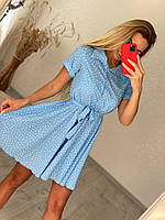 Легкое женское летнее платье софт ( Размеры 42, 44, 46, 48), Голубое в белый горошек