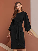 Стильное классическое женское платье-миди с объемными рукавами, черное