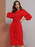 Стильное классическое женское платье-миди с объемными рукавами, красное