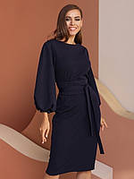 Стильное классическое женское платье-миди с объемными рукавами, темно-синее