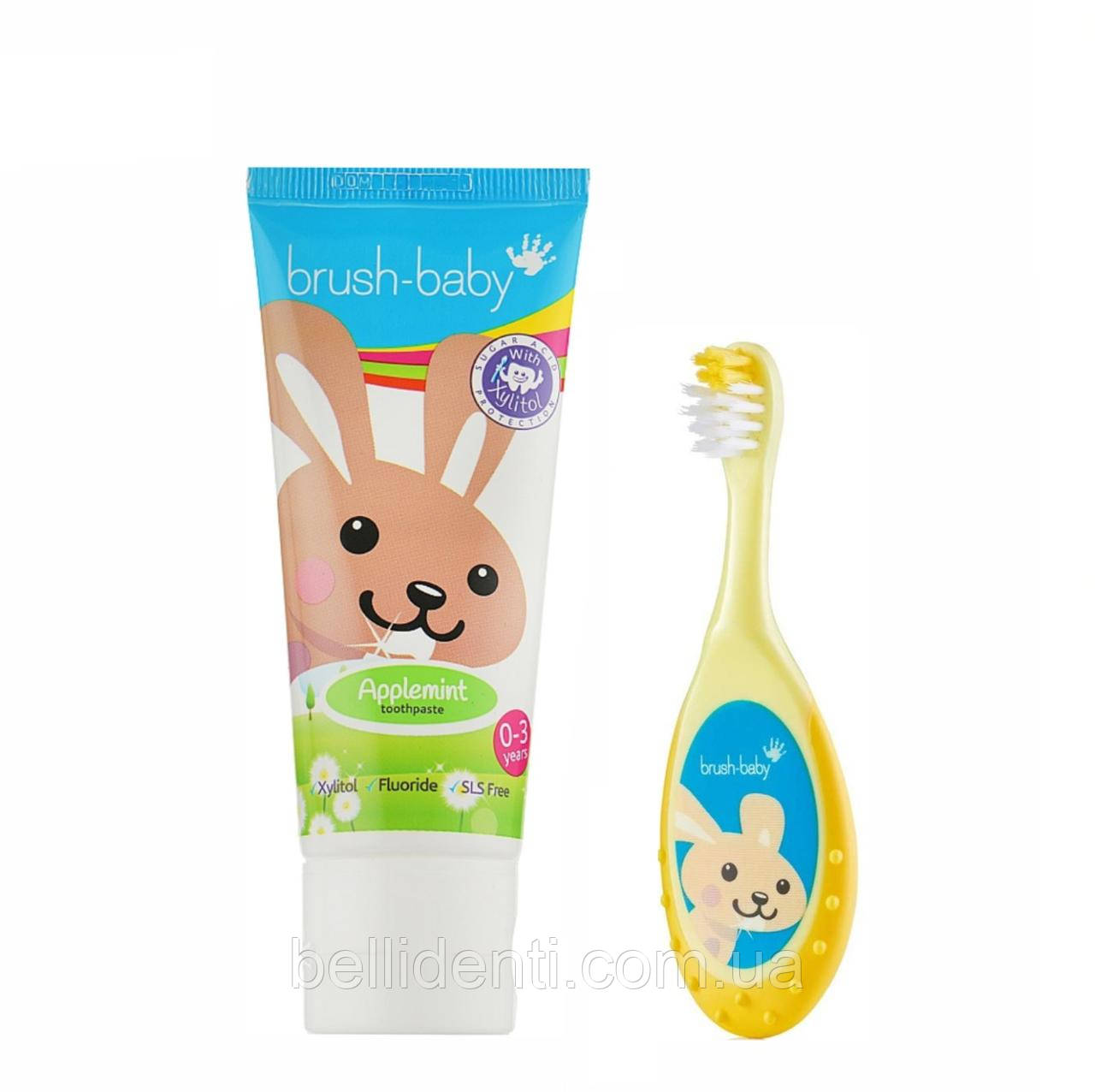 Набір Brush-Baby Floss Brush від 0 до 3 років (паста 50 мл зайчик+щітка жовта)