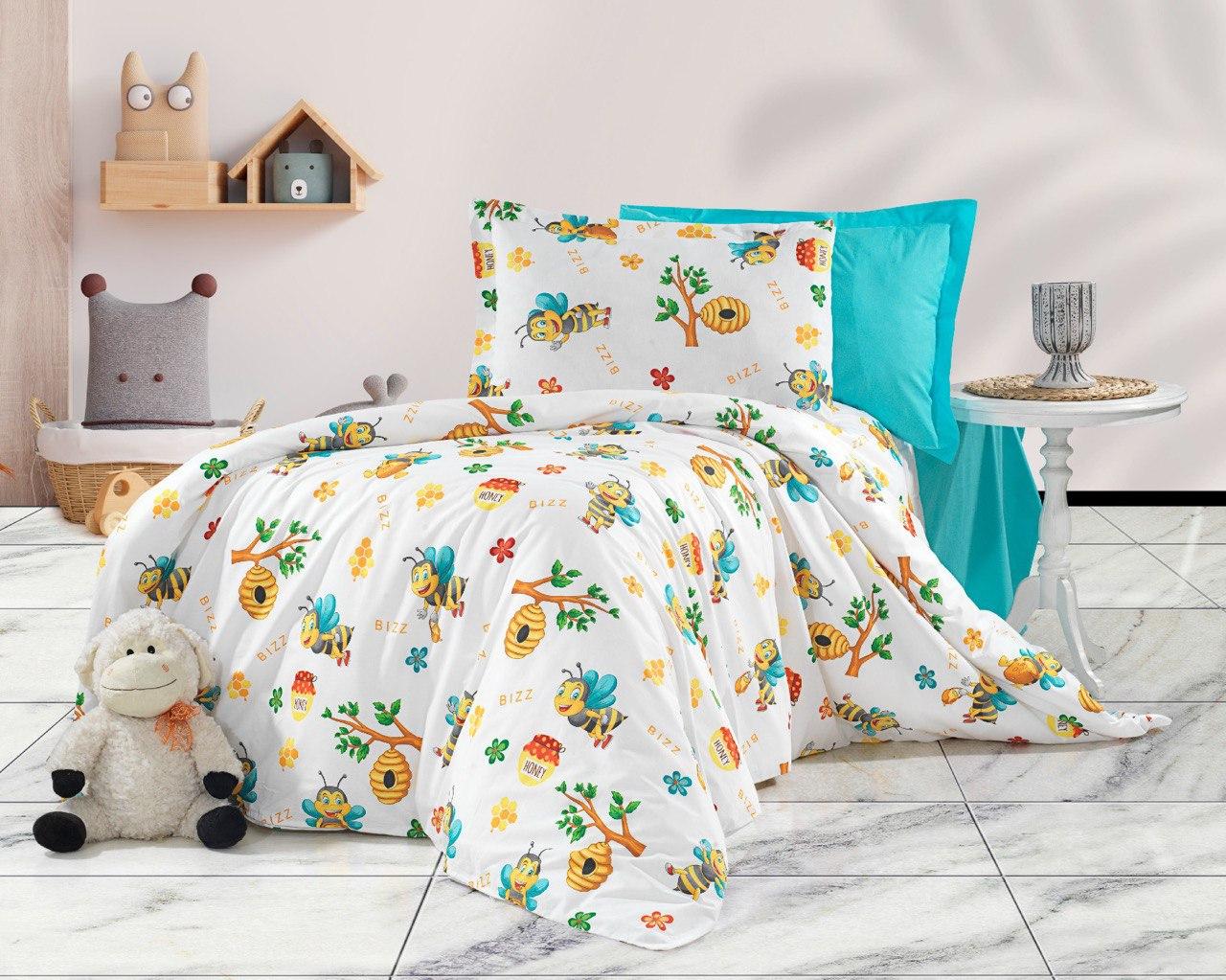 Постільна білизна Королева Ночі (Ранфорс Premium) | Євро комплект | 50х70 | Бджоли на білому та бірюзовому, фото 1