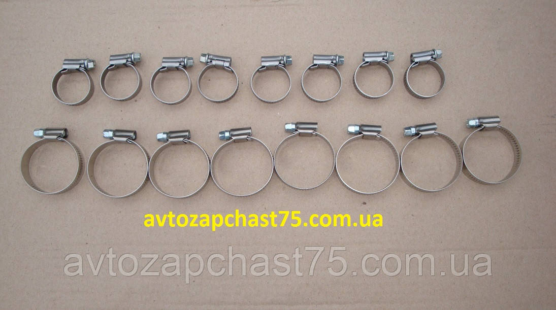 Хомути патрубків Ваз 2108, 2109, 21099, 2113, 2114, 2115 (комплект 16 штук) на патрубки печі + основний радіа, фото 1