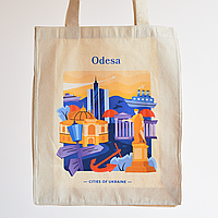 Екосумка, торба, шопер обʼємний бежевий з ексклюзивним патріотичним авторським принтом  місто Одеса, бренд “Малюнки”