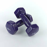 Гантель 2 кг пара металлические с виниловым прорезиненным покрытием для фитнеса, аэробики, тренировок Фиолетовый