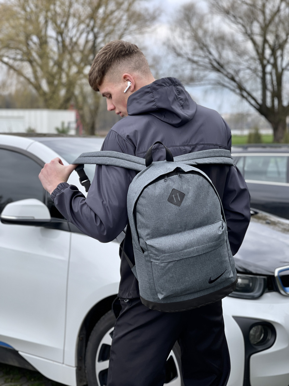 Рюкзак міський спортивний Nike Cl чоловічий жіночий повсякденний темно-сірий портфель сумка найк зі шкіряним дном