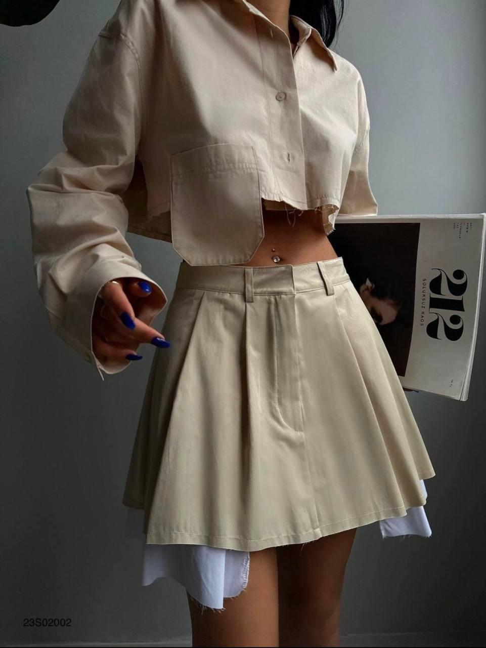 Спідниця бежева котон зі складками з подовженими вставками білої тканини (Туреччина), фото 1