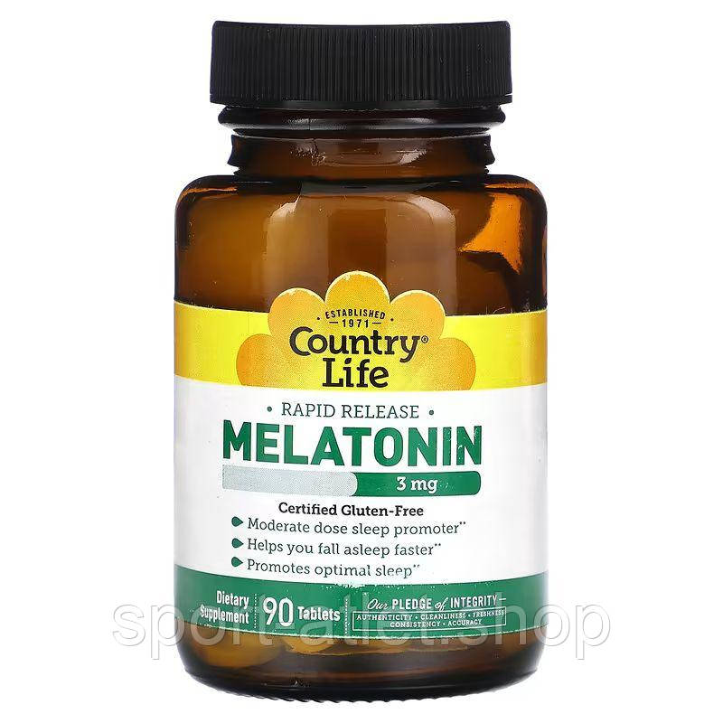 Мелатонін Country Life Melatonin 3 mg, 90 таблеток для гарного сну, фото 1