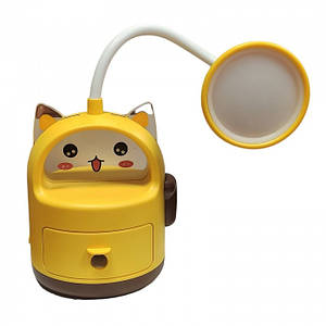 Лампа настільна акумуляторна з точуванням для олівців і нічником Q307 котик Жовтий