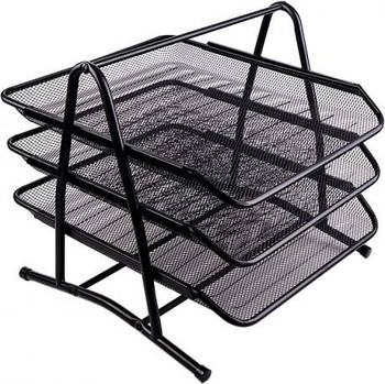 Металевий сітчастий лоток для паперу горизонтальний на 3 відділення 1087-B Чорний Канцелярський лоток