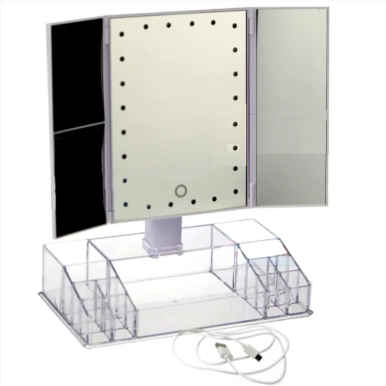 Потрійне LED дзеркало для макіяжу зі світлодіодним підсвічуванням та органайзером, фото 1