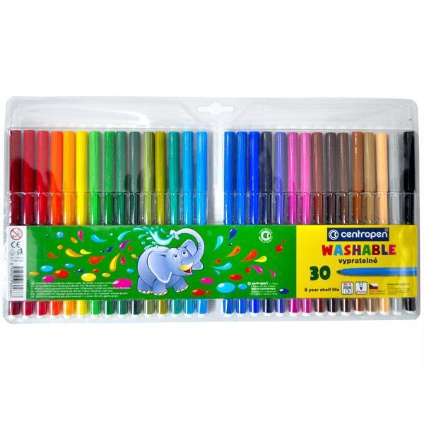 Набір яскравих фломастерів з 30 кольорів у коробці з європідвісом Centropen Washable в упаковці 30 шт, фото 1