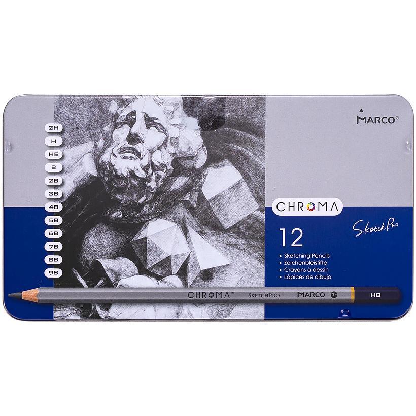 Шестигранні олівці 12 шт в металевому пеналі Marco різної жорсткості в упаковці 1 шт., фото 1