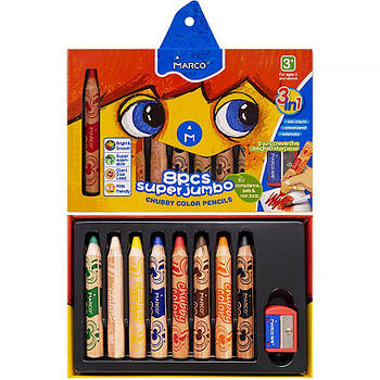 Набір акварельних олівців 8 кольорів 3 в 1 Super Jumbo Marco в упаковці 8 шт