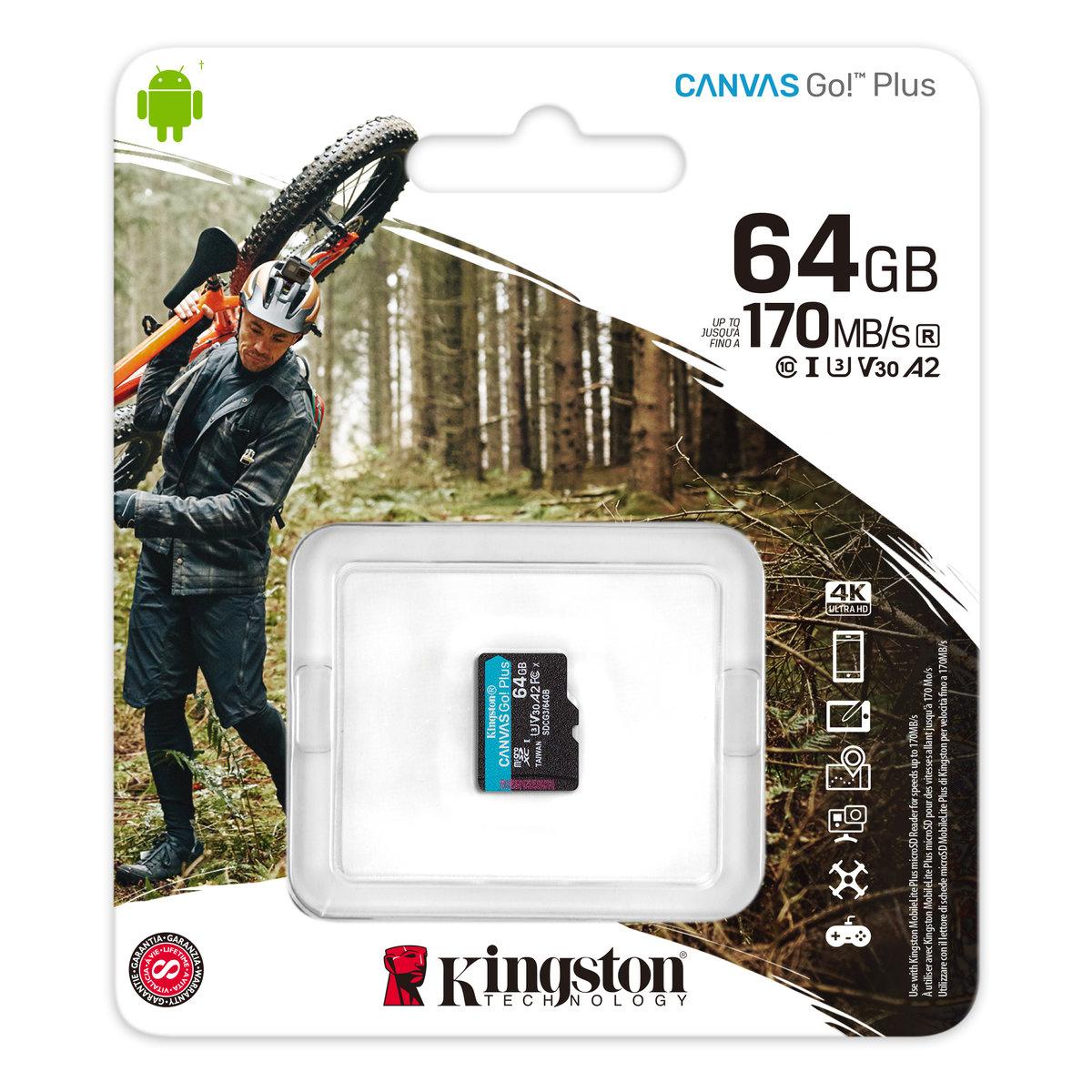 MicroSDXC (UHS-1 U3) Kingston Canvas Go Plus 64Gb class 10 A2 V30 (R170MB/s, W70MB/s)