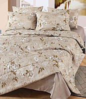 Сатиновый комплект постельного белья с одеялом двуспальный натуральный хлопок 180*220 см бежевый с розами