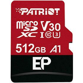 Карта пам'яті microSDXC (UHS-1 U3) Patriot EP Series 512Gb class 10 V30 (R-100MB/s, W-80MB/s) (adapter SD) ly