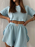 Женская нежная стильная пижама домашний костюм (свободные шортики + топ) ; размер 42-44, 46-48 46/48, Голубой