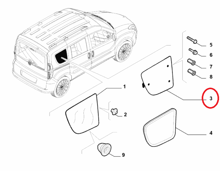 Скло бокове третій ряд праве (жабри) Doblo 2009-2015, Арт. 51817860, 51817860, FIAT