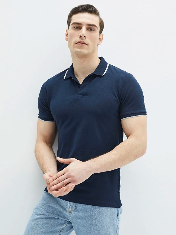 Темно-синє чоловіче поло LC Waikiki/Лс Вайкікі зі стрічкою на комірі. фірмова Туреччина