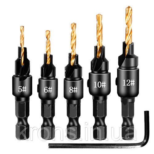 Набір з 5 свердл з зенковкой під конфірмат для шуруповерта 6-гранні, фото 1