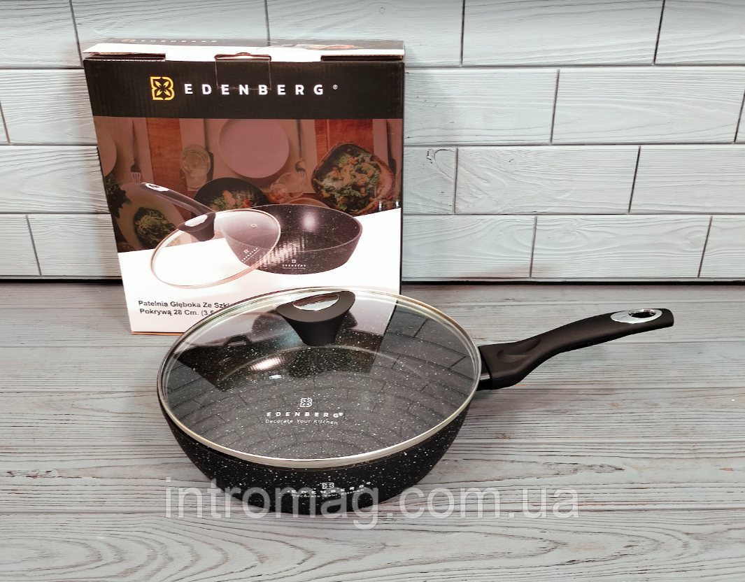 Глибока сковорода 30 см/4,1 л Edenberg EB-5718 зі скляною кришкою і мармуровим покриттям