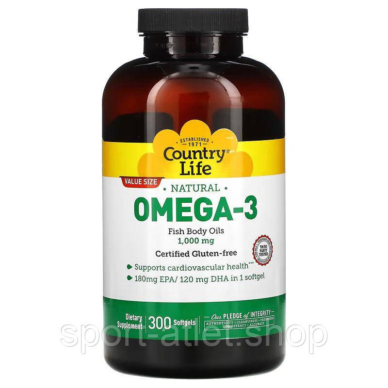Жирні кислоти Country Life Omega-3 1000 mg Natural, 300 капсул, фото 1
