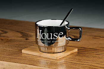 Чашка "HOUSE Срібло" 330 мл на бамбуковій підставці з ложкою