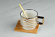 Чашка "Хвиля Золото" 330мл на бамбуковій підставці з ложкою, фото 2