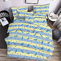 Комплект постельного белья Бязь голд люкс Жёлто-голубые полоски с пшеницей Евро размер 200х220