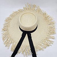 Жіночий капелюх зі стрічкою великими полями та бахромою з соломи 55-57 Бежевий 10910