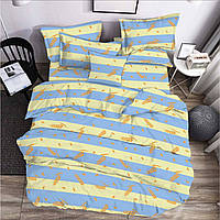 Комплект постельного белья Бязь голд люкс Голубо-жёлые полоски с пшеницей Евро размер 200х220