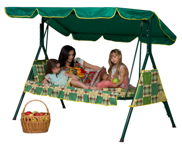 Садова гойдалка Вітан Дача - вид з людьми на розкладеному сидінні-диванчику