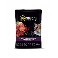 Корм вологий Savory для стерилізованих котів, ягня з журавлиною у соусі, пауч, 85 г