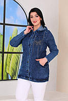 Удлиненная Джинсовая куртка с капюшоном Ткань: джинс стрейч + стразы Цвет: синий Размеры: 48,50,52,54,56