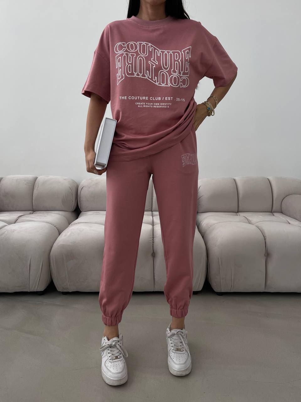Костюм спортивний жіночий рожевий літній футболки та штани оверсайз Couture