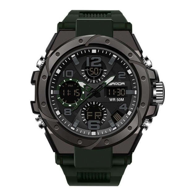 Чоловічий наручний тактичний годинник Sanda 6008 Green-Black спортивний з будильником