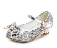 Детские туфли для девочки принцессы праздничные с бантом и каблуком р 27 серебристые блестящие