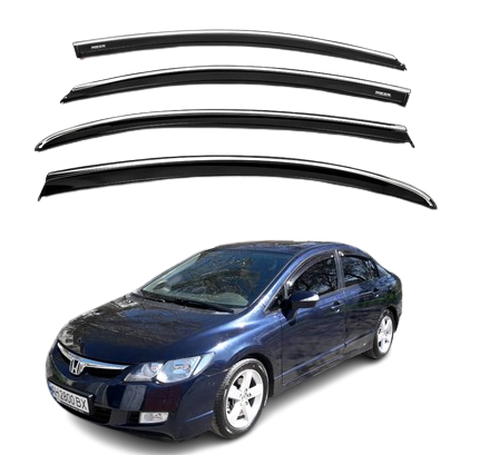 Дефлектори на вікна з Хром Молдингом Honda Civic 2006-2011 Седан Вітровики на вікна з Хром Молдингом