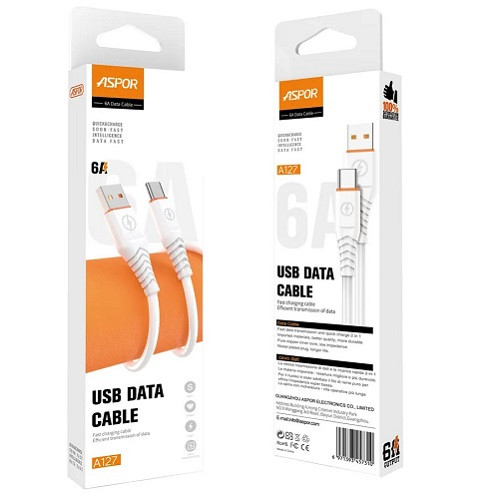USB кабель Aspor A127 Type-C Quick Charge 6A/1м- білий