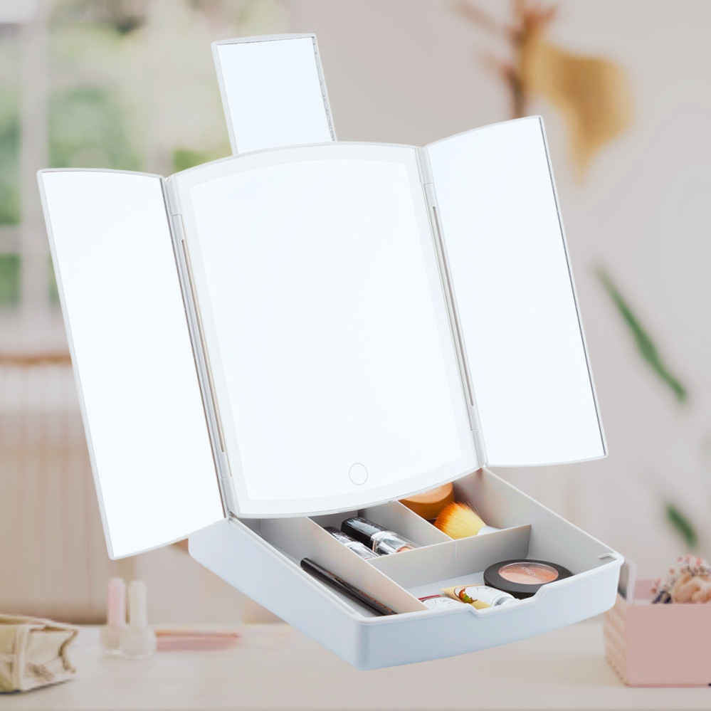 Потрійне складане дзеркало My Fold Away з LED підсвічуванням та органайзером Косметичне настільне дзеркало