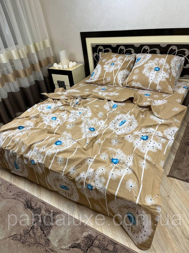 Постільна білизна бавовна бязь голд gold lux комплект Кульбаби на оливковому, фото 2