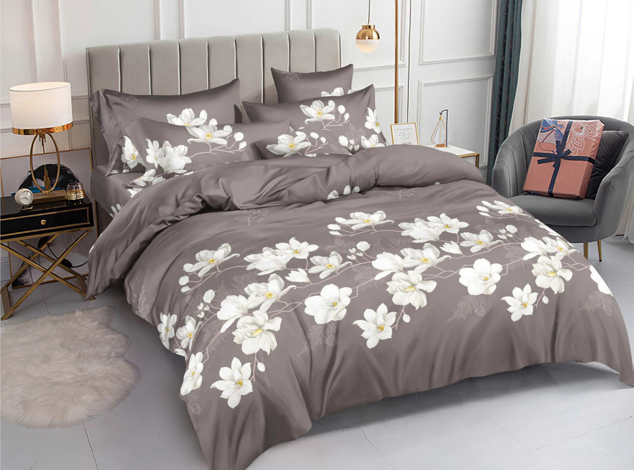 Постільна білизна Королева Ночі (Ранфорс) | Полуторний комплект | 50х70 | Квіти на сіро-коричневому, фото 1