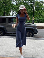 Однотонное стильное расклешённое женское платье в рубчик с коротким рукавом и шнуровкой на спине Цвет Джинс